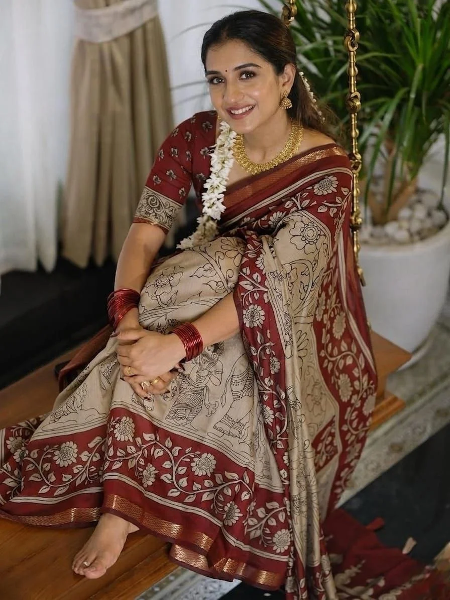 Heritage Kalamkari Mul Mul Cotton Saree - Brick Red